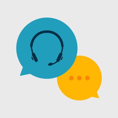 Online destek servisi. Mikrofonlu kulaklıklar ve sohbet baloncukları. Ecommerce ya da elearning için müşteri danışma ikonu. Vektör yardım hattı sekreteri illüstrasyon imzaladı.