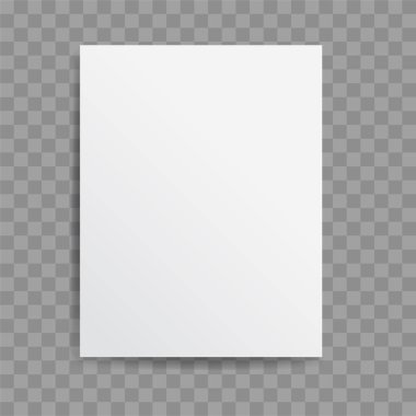 A4 biçiminde gölgesi olan gerçekçi boş kağıt sayfası şeffaf karalanmış arkaplanda izole edilmiş. Defter ya da kitap sayfası. Tasarım şablonu veya maketi. Vektör illüstrasyonu.