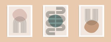 Geometrik şekilli soyut çağdaş orta yüzyıl posterleri. Duvar kağıdı, arkaplan, duvar dekorasyonu, kapak, baskı, kart, markalaşma için tasarım. Modern boho minimalist sanat. Vektör illüstrasyonu.