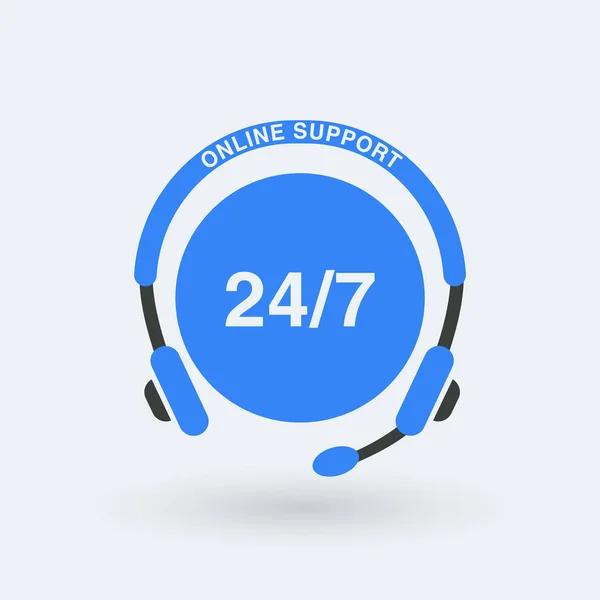 Unterstützung 24 Stunden flaches Symbol isoliert auf weißem Hintergrund. Support-Service mit Kopfhörern. Kundendienst-Ikone. Beratung, Telemarketing, Berater, Sekretär. — Stockvektor