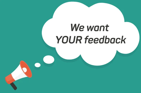 Vogliamo il tuo feedback. Servizio di opinione del sondaggio di feedback dei clienti, banner promozionale megafono. Illustrazione vettoriale. — Vettoriale Stock