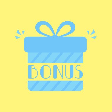 Bonus word flying from blue gift box on yellow background. Winning prize. Vector illustration. vector stock vector
