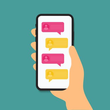 Akıllı telefon vektör illüstrasyonunda sohbet mesajları, cep telefonu ekranında düz sms baloncukları. vektör illüstrasyonu.