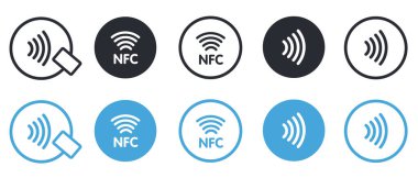 NFC simgesi seti. Bağlantısız kablosuz ödeme işareti logosu. NFC teknolojisi daha az kredi kartı kullanıyor. Temassız ödeme logosu. Uygulamalar için NFC ödeme simgesi.