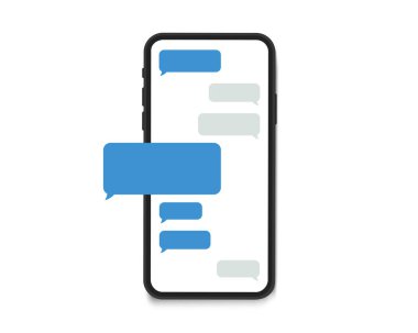 Ekrandaki düz dizayn mesajlar üzerine yeni sohbet mesajları bildirimi. Akıllı telefon, sohbet eden SMS uygulama şablonu baloncukları. Vektör illüstrasyonu.