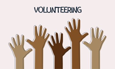 Eller yukarı! Farklı milletlerden insanlar. Vektör bayrağı elini kaldırdı. Çoklu kültürlerin ahengi. Barış İşareti Eşitliği. Vektör İllüstrasyonu. EPS 10