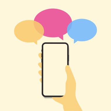 Akıllı telefonlar ekranında renkli konuşma balonu. Sosyal sohbet konseptinin telefon ve konuşma balonu ikonu. Vektör illüstrasyonu.