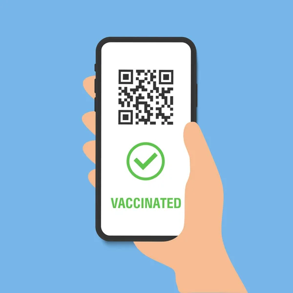 Vaccin paspoort in smartphone scherm. Certificaat van vaccin en immuun voor covid in telefoon app. Gezondheidspaspoort op digitaal scherm met qr-code voor controle en veiligheidscontrole van covid-19. Vector — Stockvector