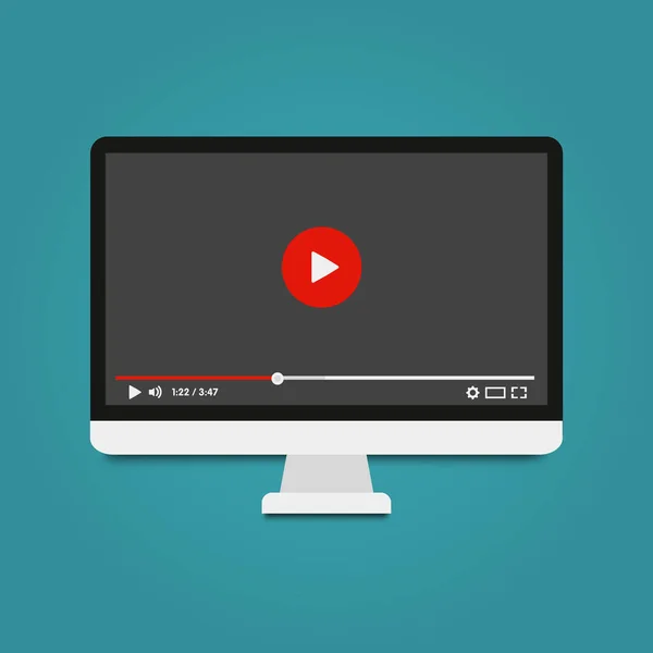 Moderne computer met videospeler op het scherm. Online video, kijken films, educatieve materialen, webcursussen concepten. Vectorillustratie. — Stockvector