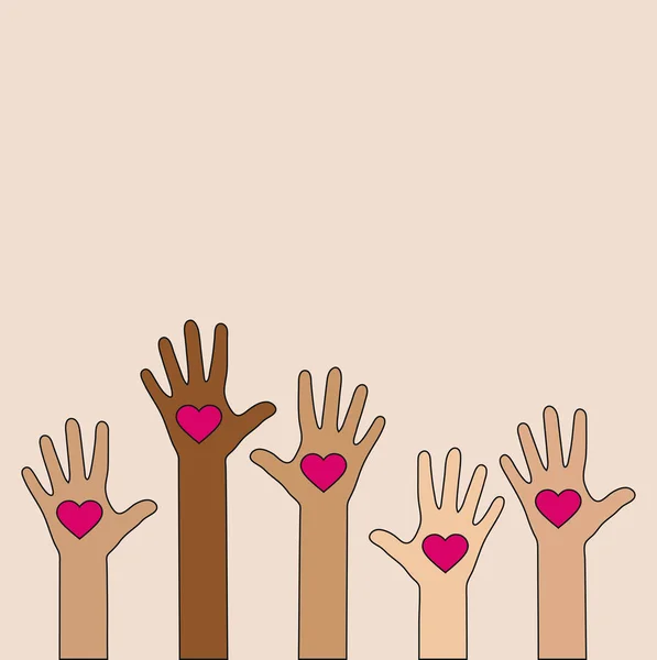 Manos arriba con amor de corazón. Cuidado del corazón. Voluntario. Ayuda, caridad y amor. Concepto vectorial levantando manos. — Archivo Imágenes Vectoriales