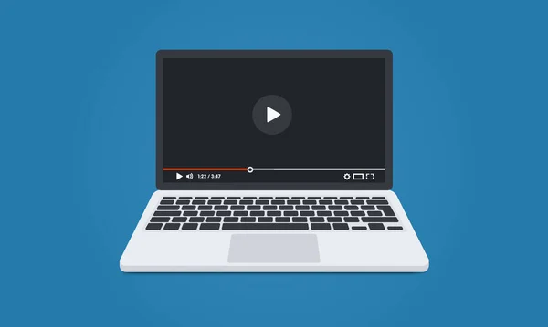 Moderne laptop met videospeler op het scherm. Online video, kijken films, educatieve materialen, webcursussen concepten. Vectorillustratie. — Stockvector