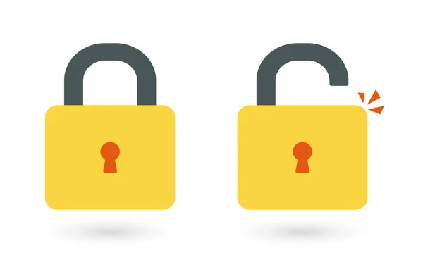 Lock open and lock closed vector icons isolated on white background, yellow padlocks shapes illustration, flat cartoon locks set design. — Stock Vector