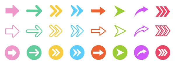 Conjunto de flechas de colección en colorido sobre un fondo blanco para el diseño del sitio web. Icono de flecha. Ilustración vectorial. — Vector de stock