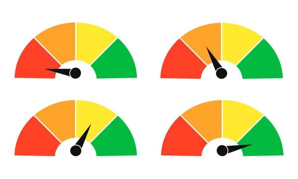 Set von Farbvektortachometern, Durchflussmesser mit Anzeige im grünen, orangefarbenen und roten Teil, Tacho und Leistungsmessungssymbol, Illustration für Ihre Webseite, Infografik, Apps und Broschüre. — Stockvektor