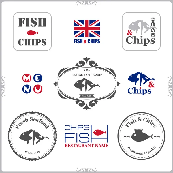Set di etichette fish and chips — Vettoriale Stock
