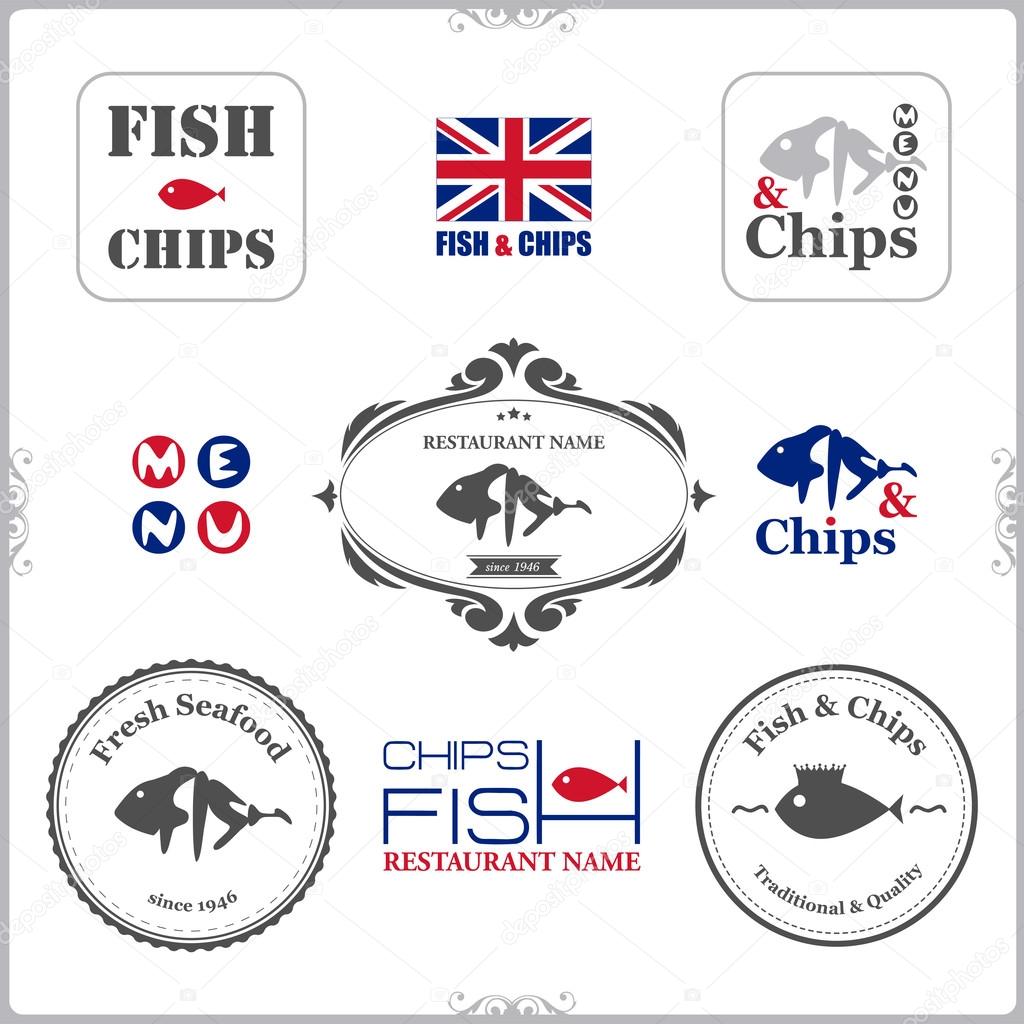 Set of fish and chips labels and badges isolated on white background. Vector illustration.