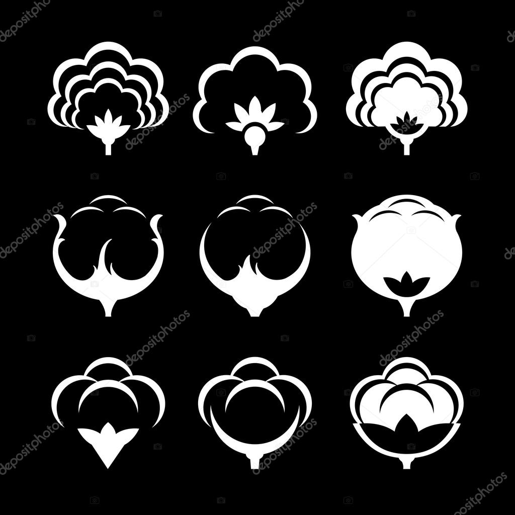 Cotton icons and logo set. Vector illustration. Black background