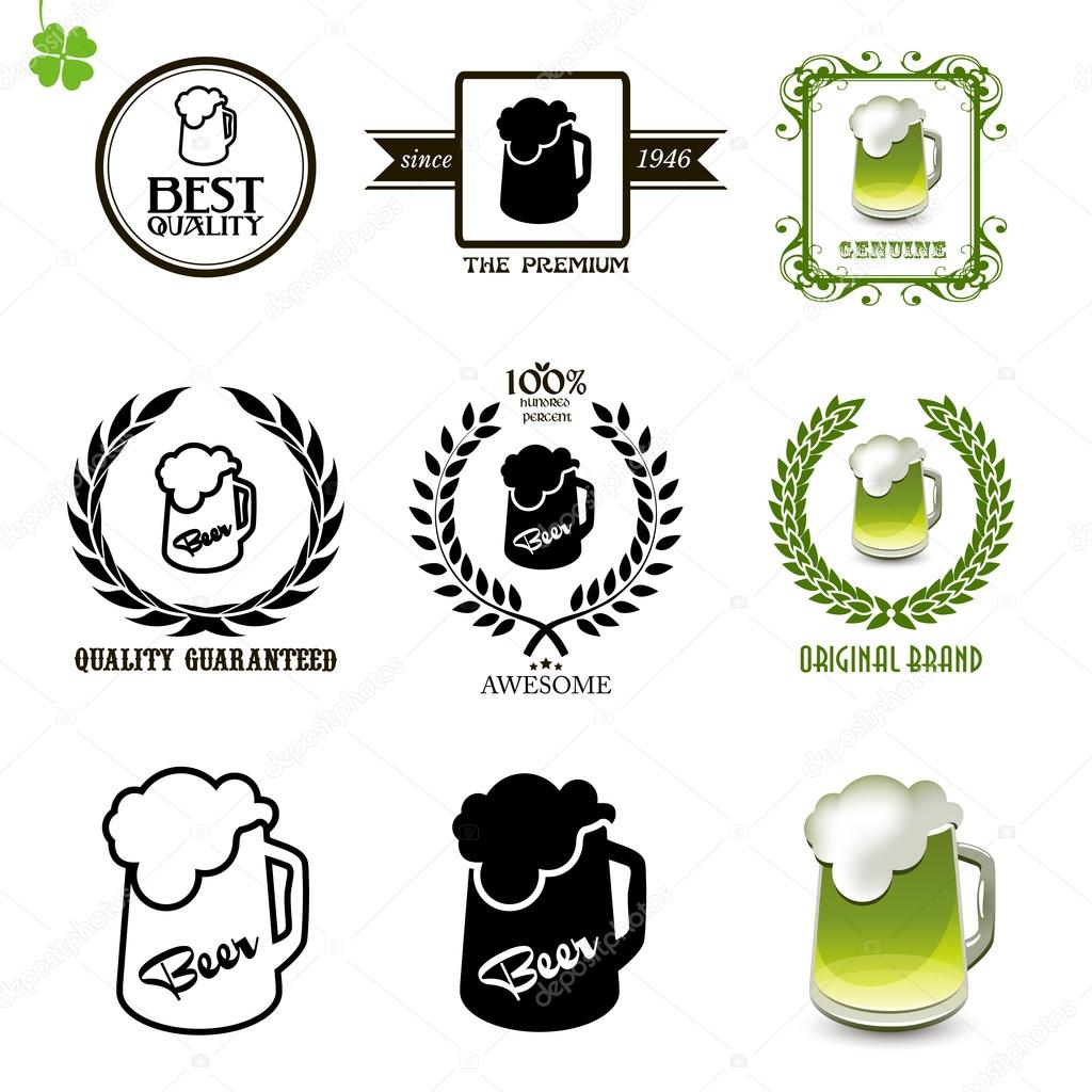 Beer set of vintage labels, icons and logos with glasses of beer. Set of black, white and green silhouette circular laurel foliate and wheat wreaths depicting.