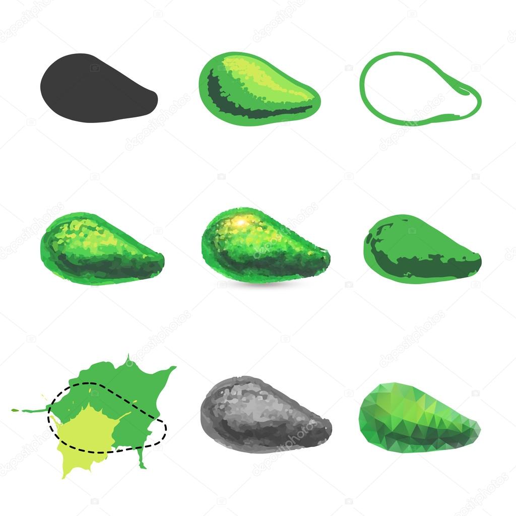 Set of avocado icons and avocado logos. Handmade watercolor grunge avocado for retro design. Triangular structure of avocado. Sketch and monochrome drawing.