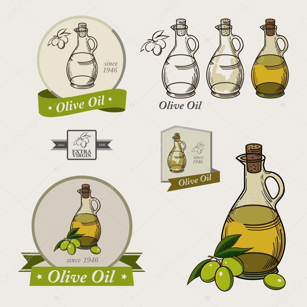 Set of olive oil labels,logos badges and design elements. Olive oil bottles. Retro style drawing.