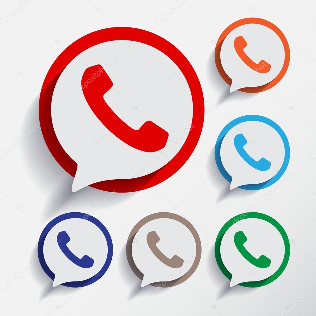 Phone icons set in speech bubble and button isolated on white background