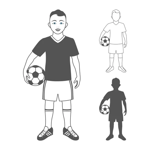 Niño en ropa deportiva sosteniendo pelota de fútbol — Vector de stock