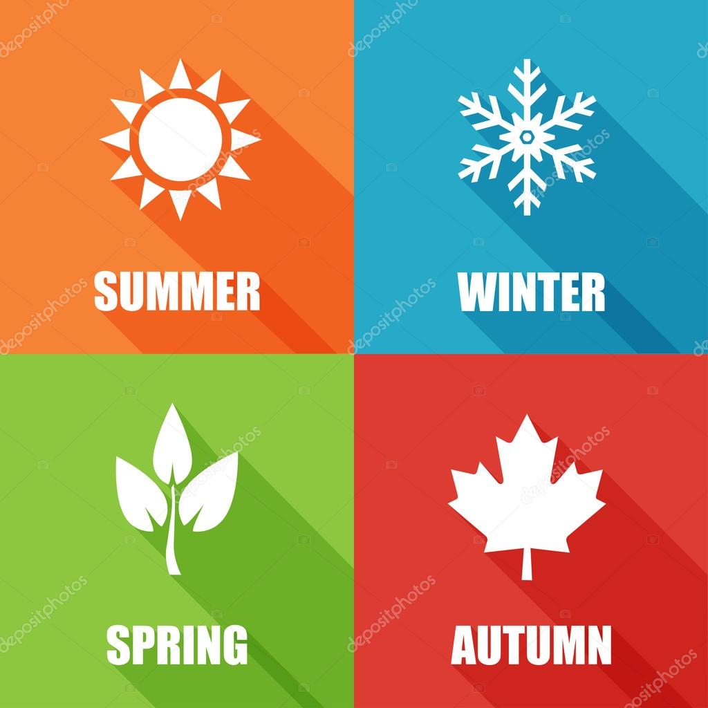 Season flat icons set with long shadow. Template for computing web and app. Vector illustration.