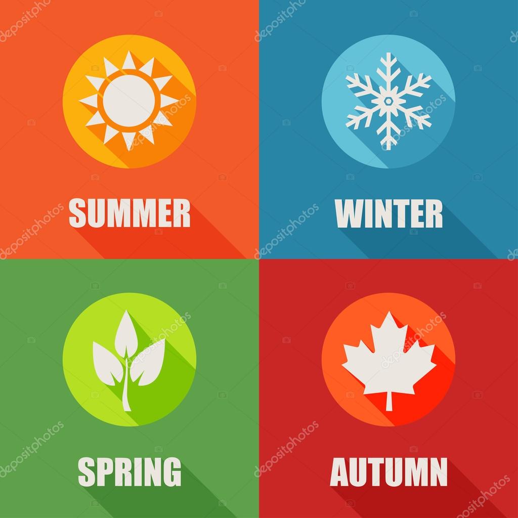 Season flat icons set with long shadow. Template for computing web and app. Vector illustration.