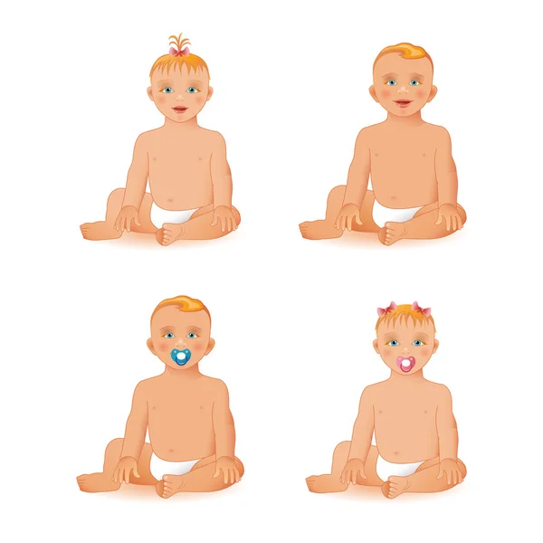 Baby girl and baby boy sitting and smiling — Stock Vector