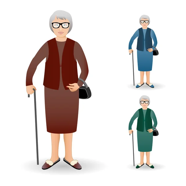 Nice old woman standing with cane — Stock Vector