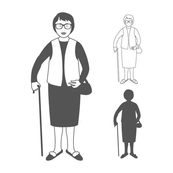 Nice old woman standing with cane — Stock Vector