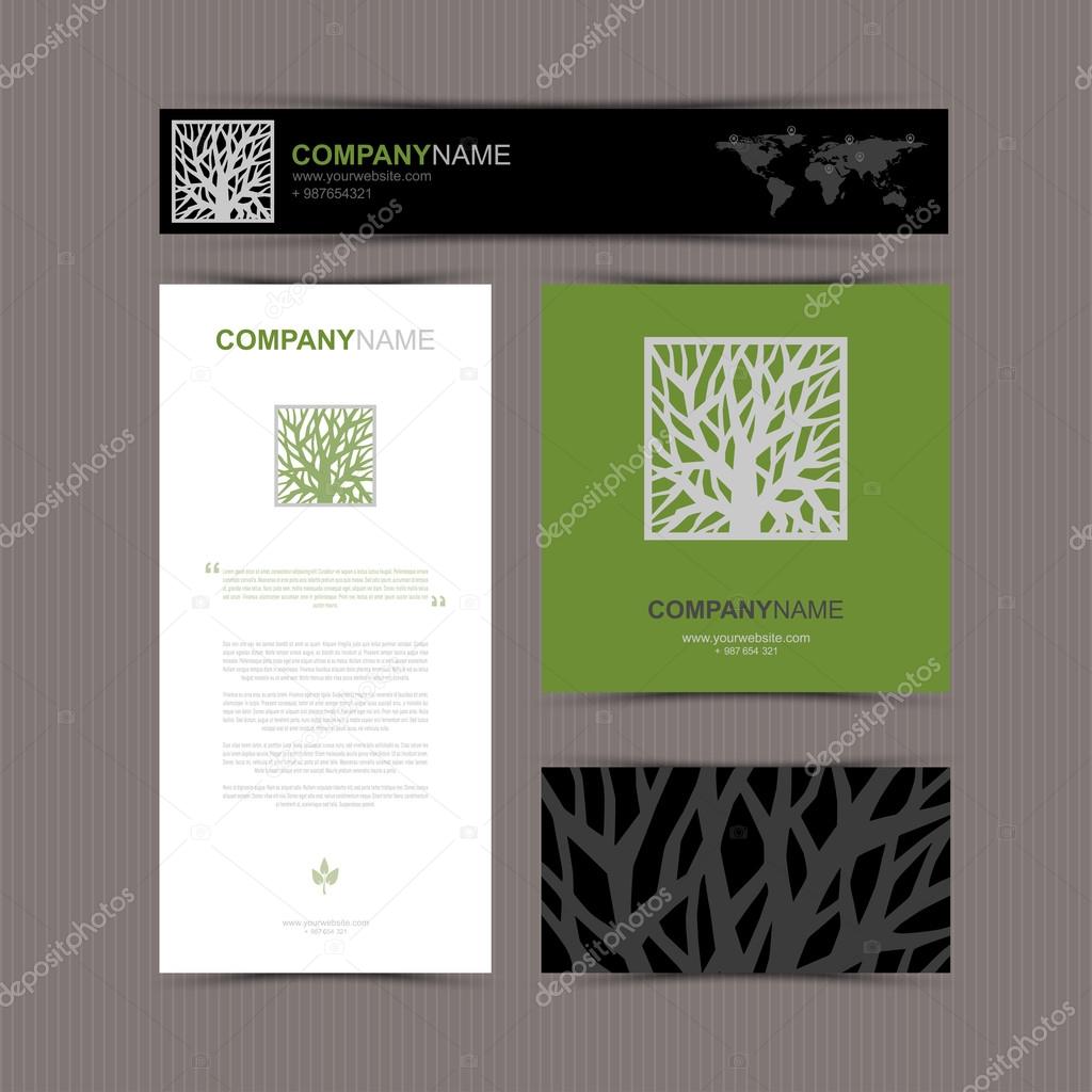 Business cards template with stylized tree. Beautiful tree logo. Vector illustration. Card, banner and pattern background.