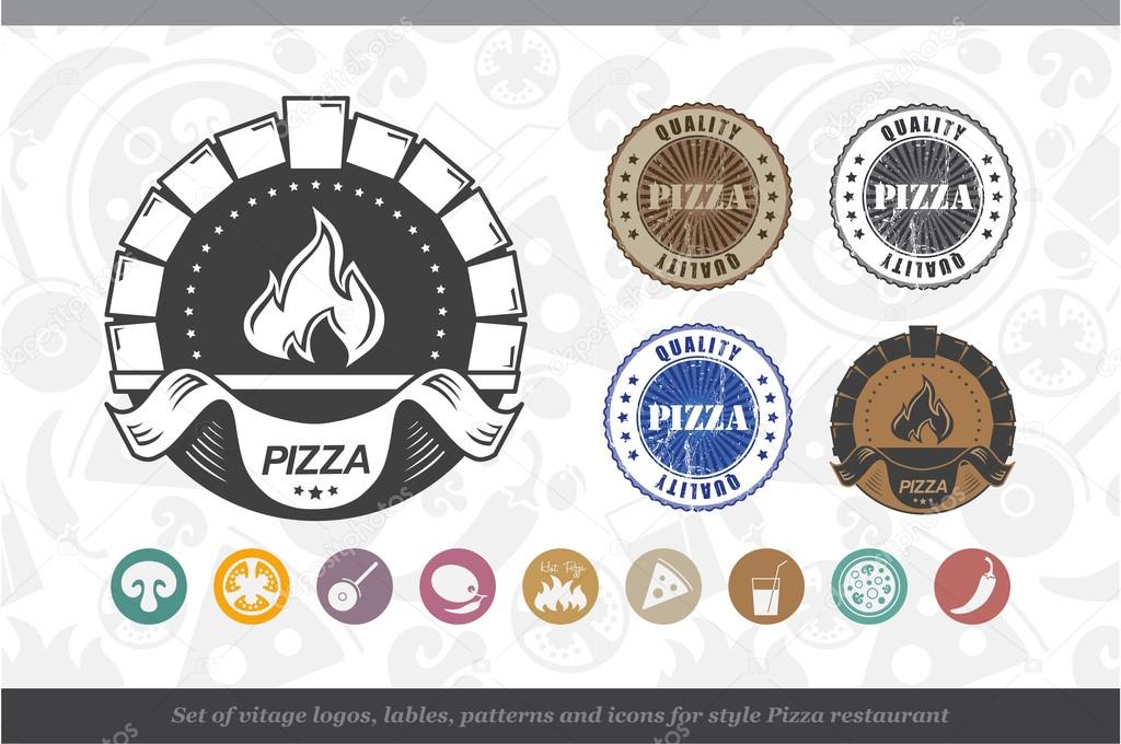 Set of vintage logos, lables, patterns and icons for Pizza restaurant style.