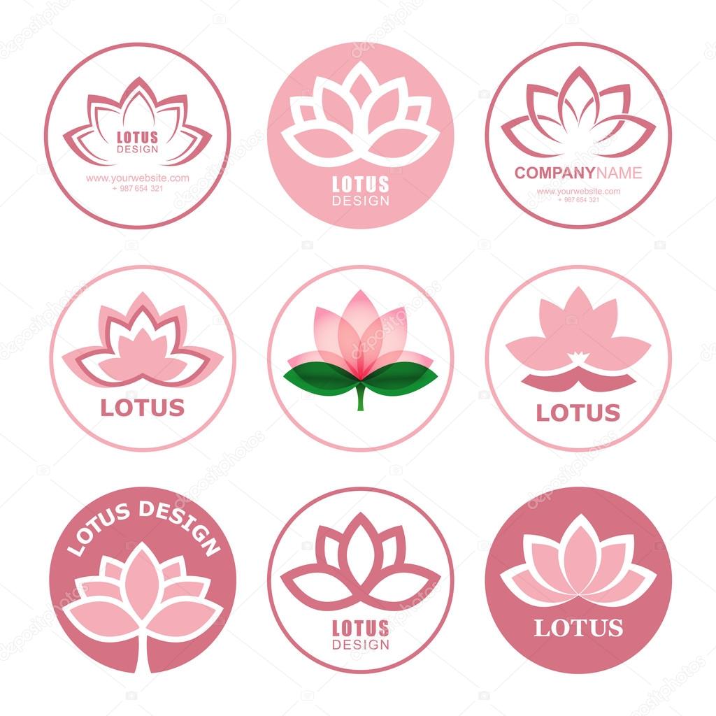 Lotus blossom icons and logos. Identity style for Yoga studio and Beauty Salon. Vector PERFECT FOR: Business card, banner and brochure template. Contour lines. Flat design. Design elements.