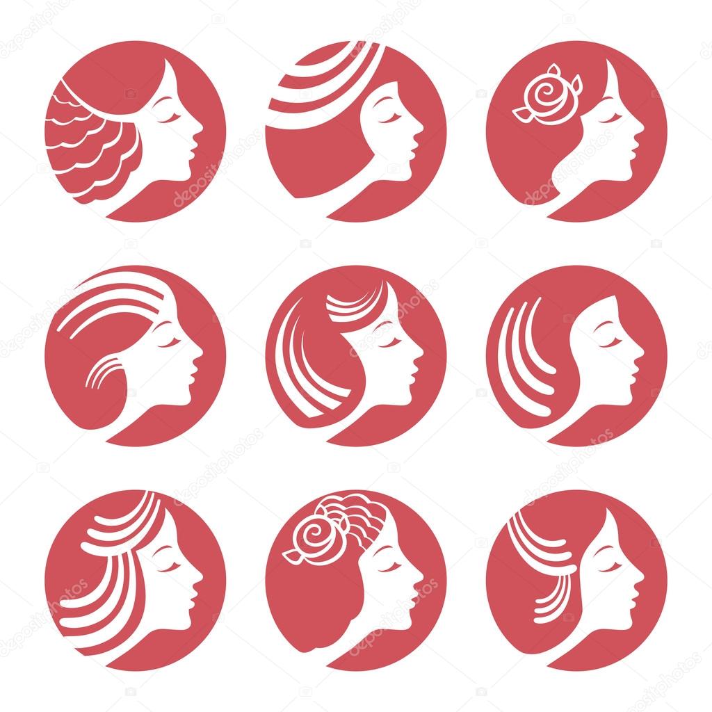 Female fashion icons or logos for beauty salon and cosmetology. Style for hairdresser. Flat design. Contour lines. Vector illustration