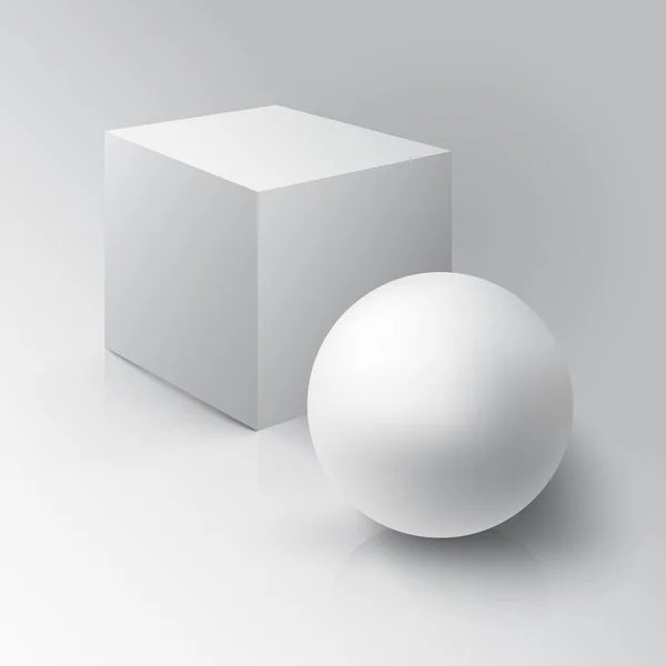 Realistic 3D White Ball and Cube — Stock Vector