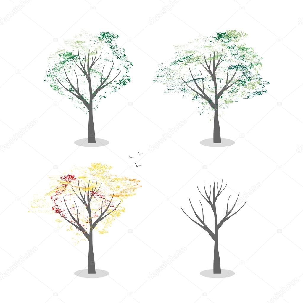 Trees in four seasons realistic decorative icons set isolated on white background. Design elements. Realistic image. Vector illustration