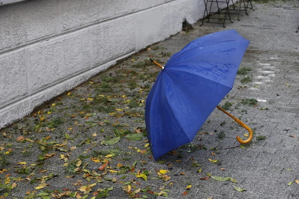 Blue umbrella standing on wet street on a rainy day