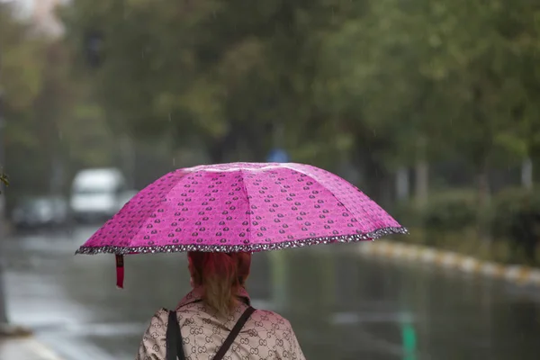 Donna Con Ombrello Che Cammina Giorno Pioggia — Foto Stock