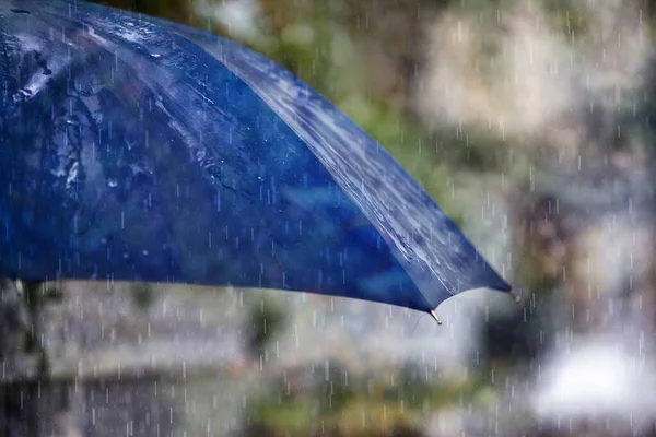 Zamykaj Krople Deszczu Niebieski Parasol Niewyraźne Tło — Zdjęcie stockowe