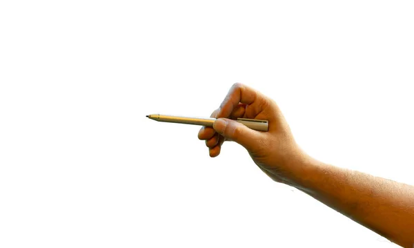 手握铅笔在白色背景上隔离 — 图库照片