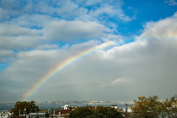 Front view of rainbow background on a cloudy sky