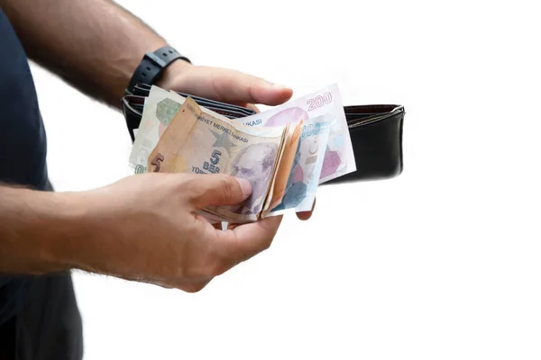 Man Die Geld Uit Zijn Portemonnee Haalde Een Geïsoleerde Witte — Stockfoto