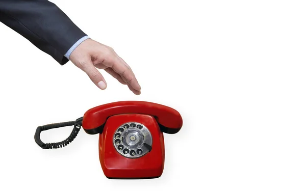 Hand Hålla Röd Telefon Isolerad Vit Bakgrund — Stockfoto