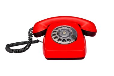 İzole edilmiş beyaz arkaplanda kırmızı vintage telefon