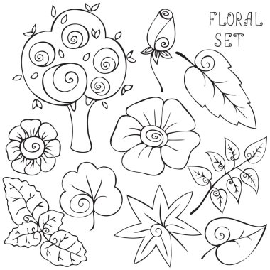 elle çizilmiş çiçek öğeleri. yaprak ve çiçek kümesi. siyah anahat. vektör çizim. tasarım öğeleri.