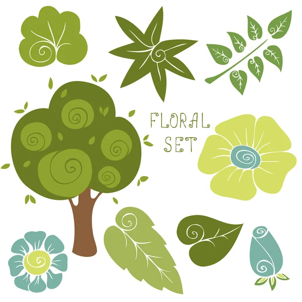 Elemente florale desenate manual. Set de frunze și flori. Ilustrație vectorială. Elemente de design . — Vector de stoc