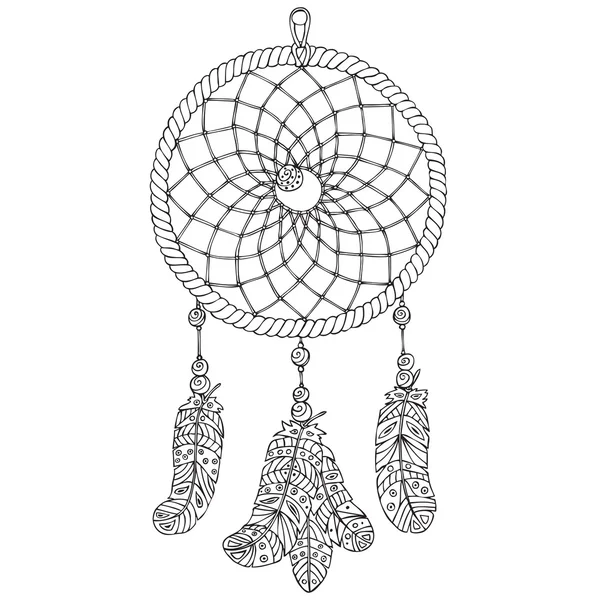 Amulett dream catcher. handritade illustration. objekt av indianska kulturen. svart kontur. — Stock vektor