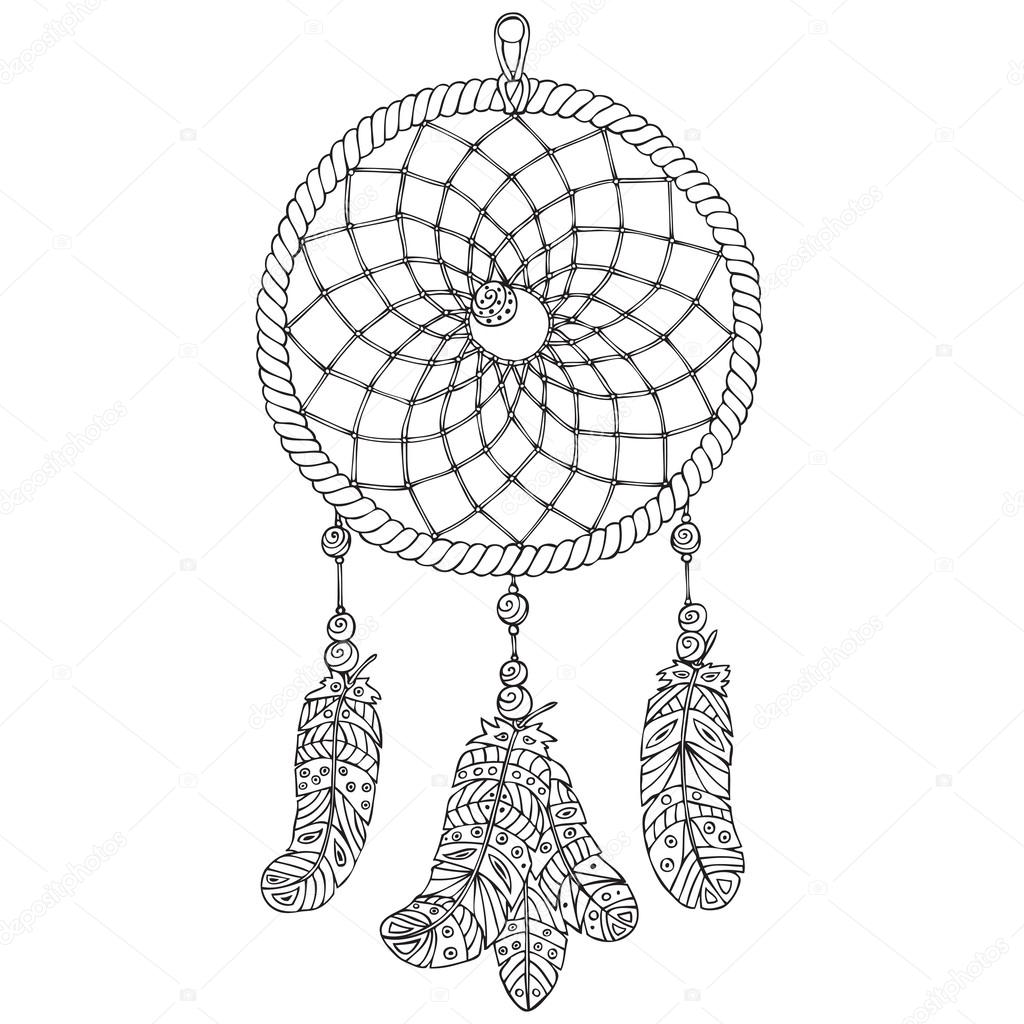 Amulet Dream catcher. Hand-drawn illustration. Object of Native American culture. Black outline.