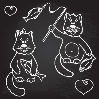 Cats aşk balık, tebeşir tasarım, illüstrasyon vektör.